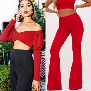 Red 2 piece set puff sleeves crop flare pants PLT